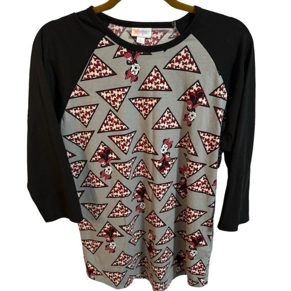 Lularoe Minnie Mouse Gray and Black Patterned Baseball Tee